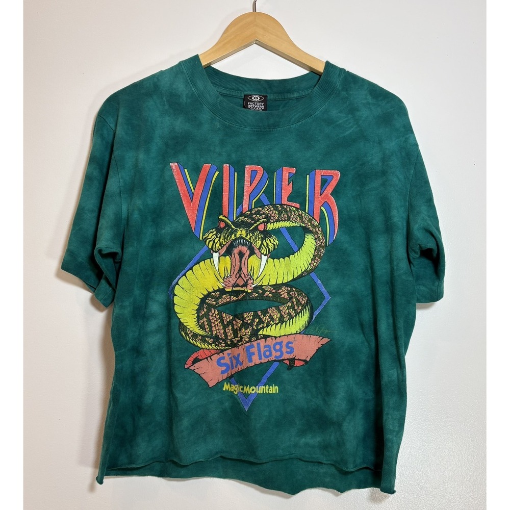 Vintage 90s Six Flags Magic Mountain Viper Single Stitch T Shirt Teal Mens M USA